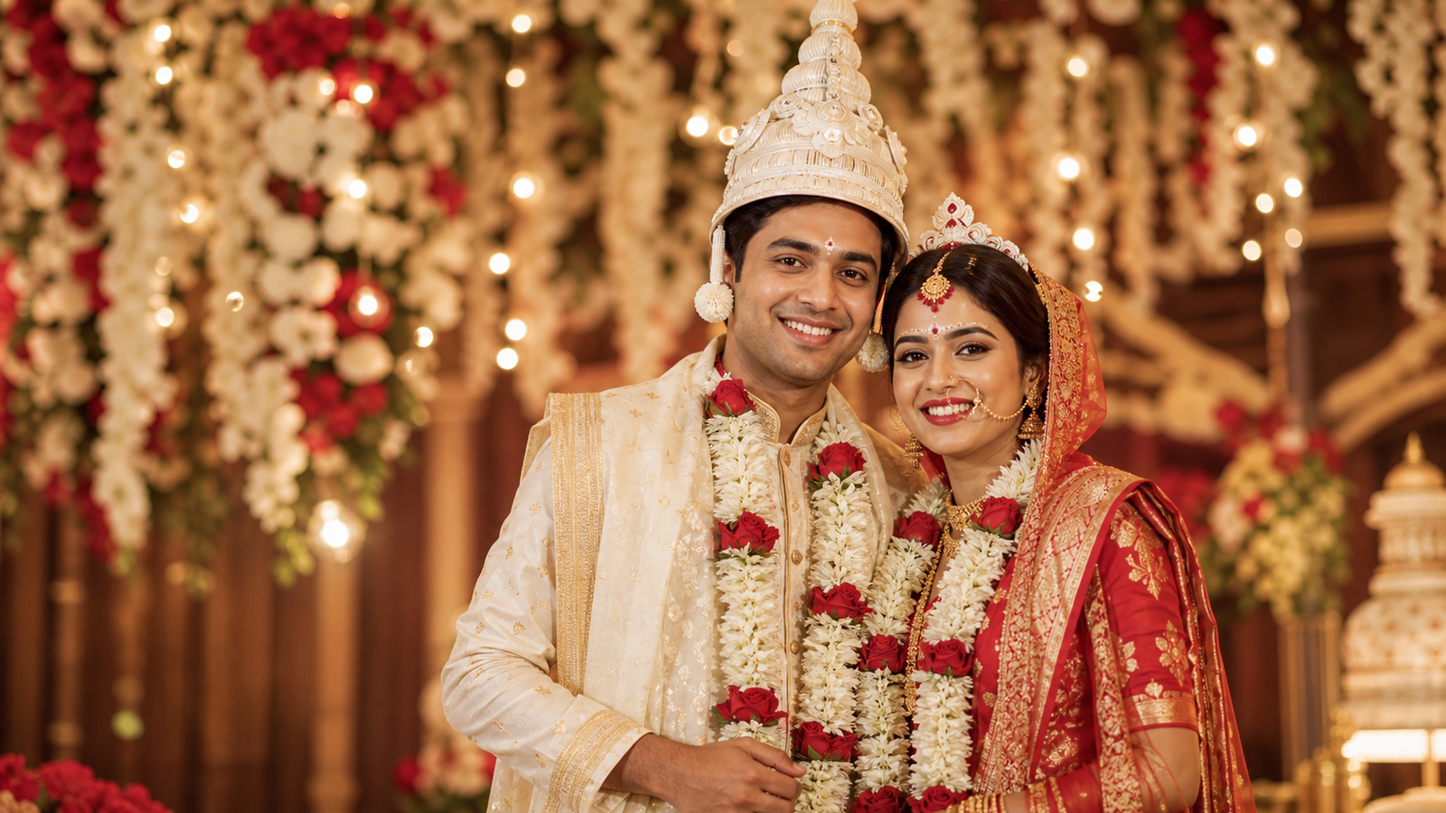 Happy Bengali bride and groom