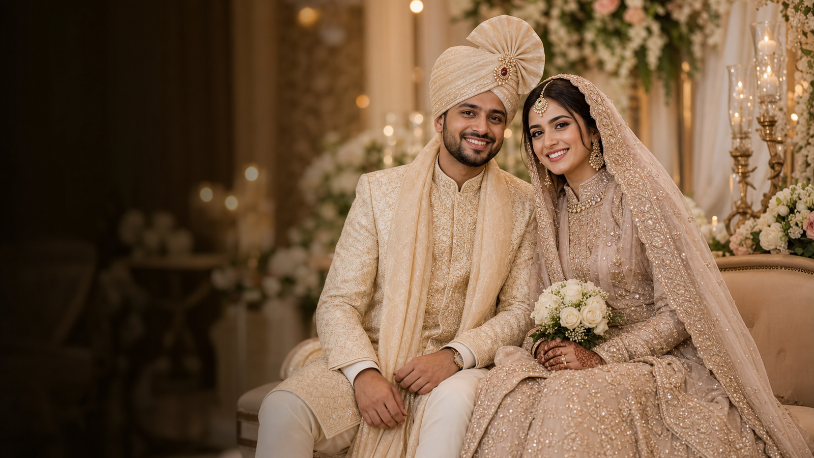Happy Muslim bride and groom