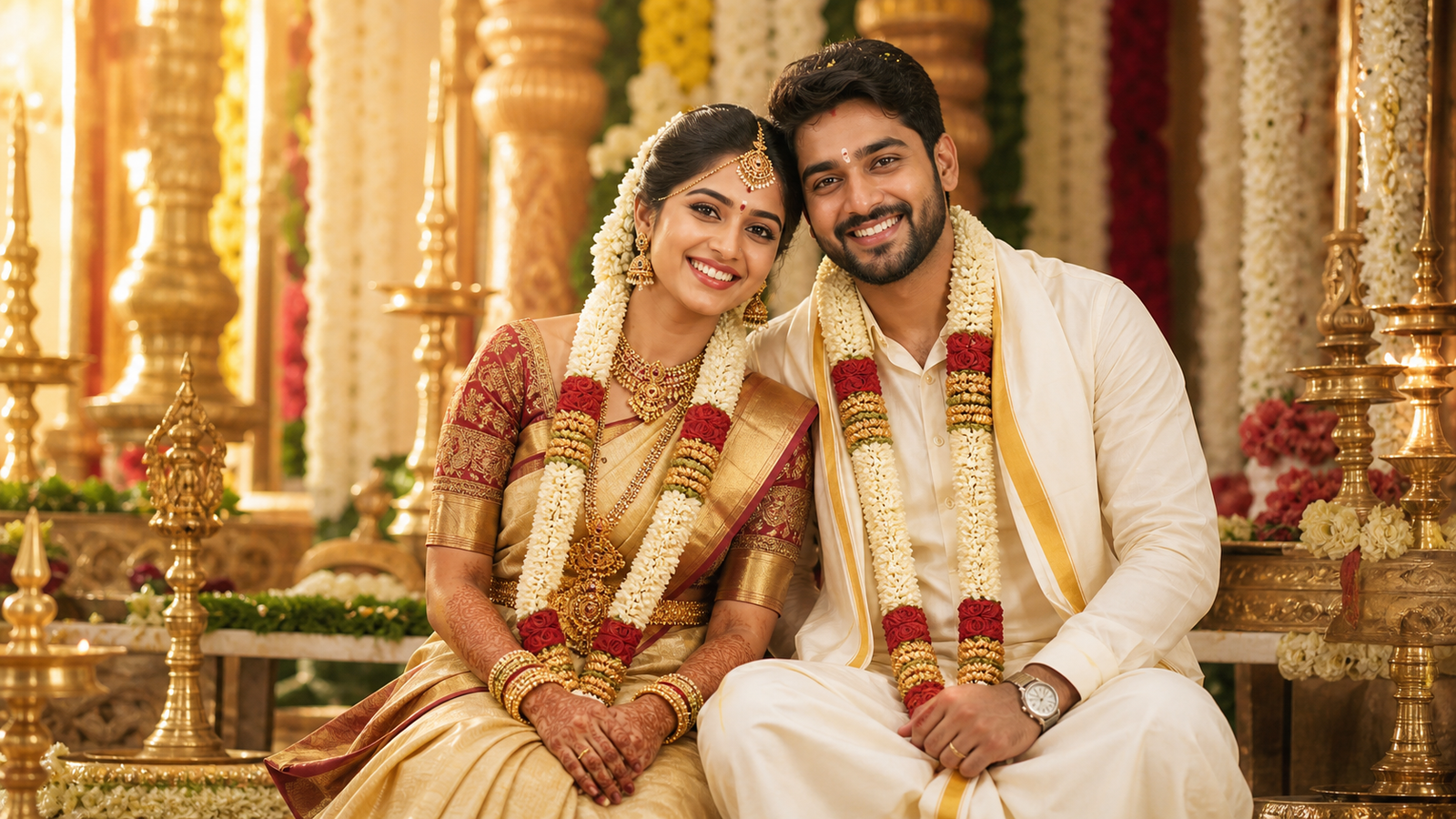 Happy South Indian bride and groom